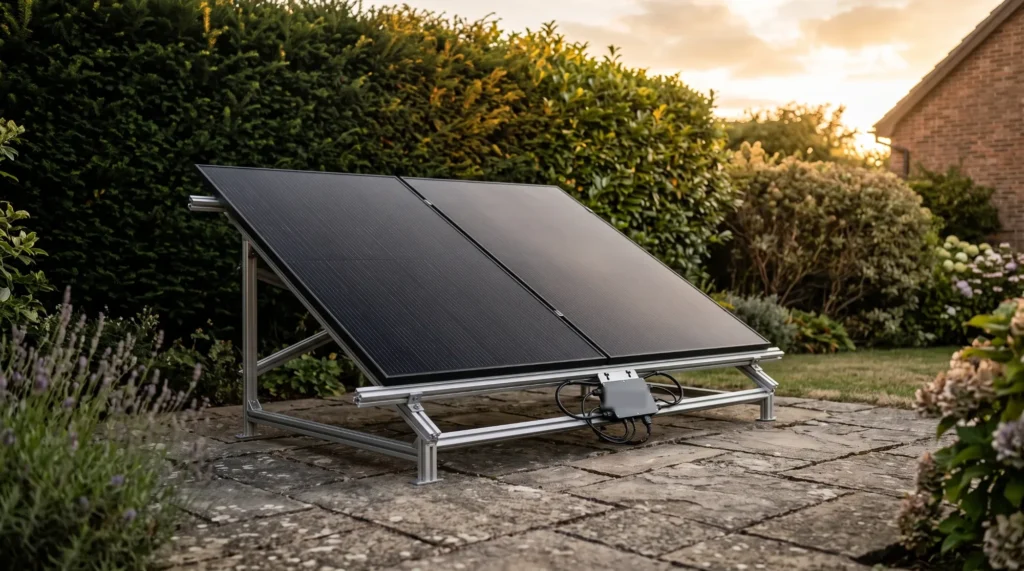 Two black solar panels on an aluminium ground frame on a stone garden patio at sunset