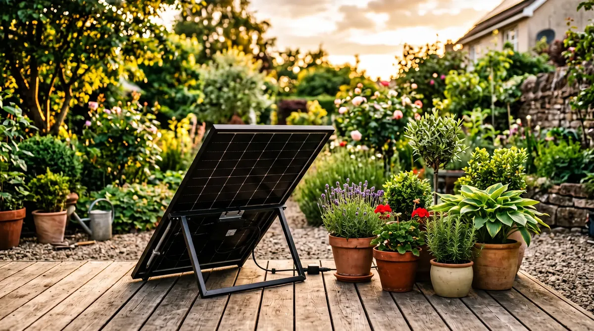 One-panel plug-in solar kit on a stand on a timber deck among potted plants